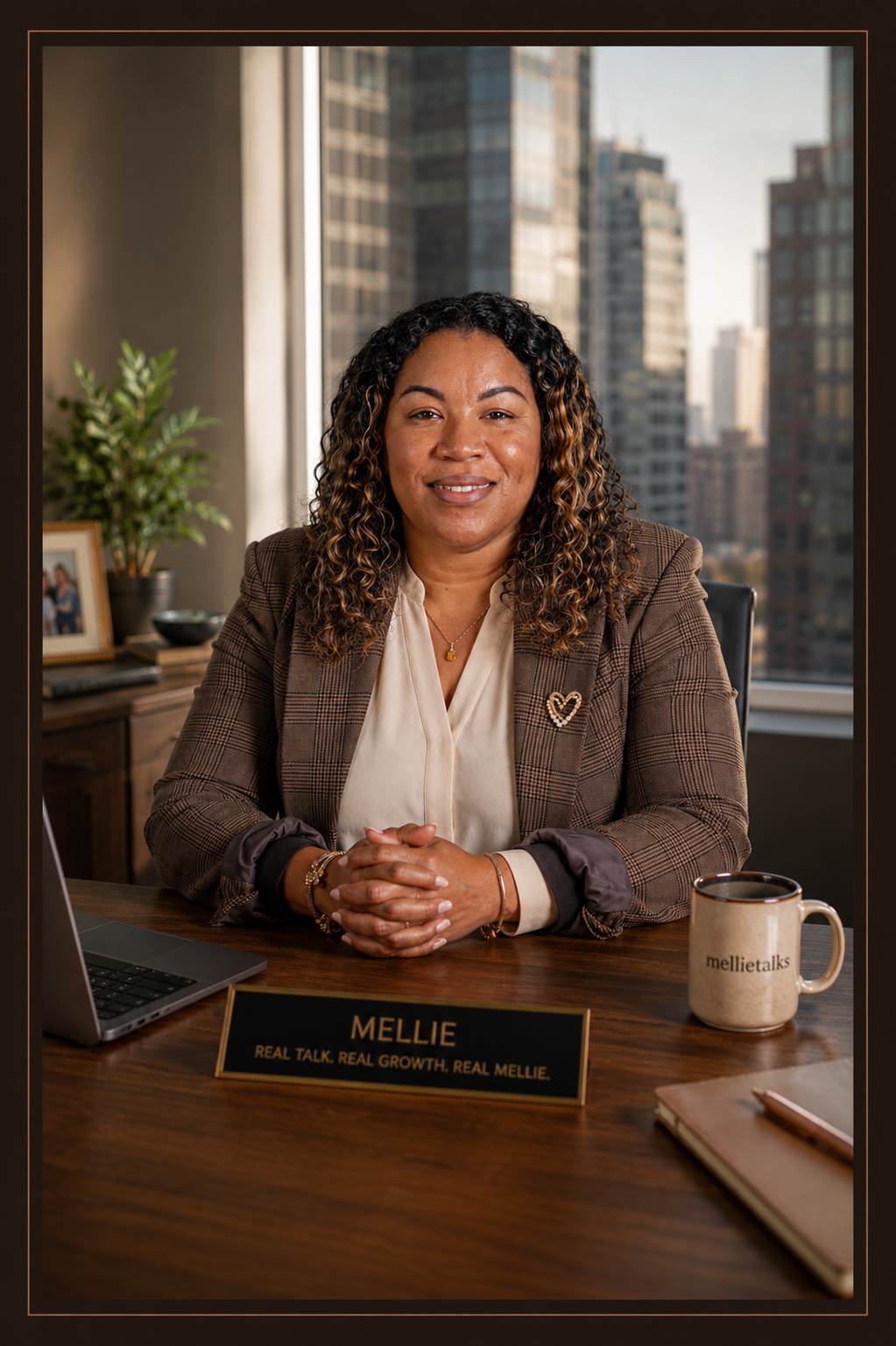 Editorial portrait of Mellie seated at her desk